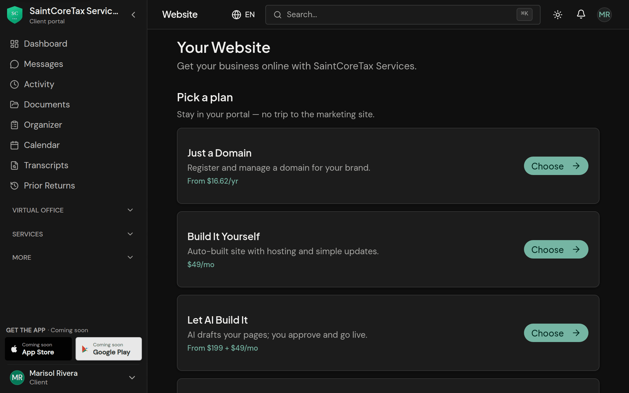 Website builder tier selection